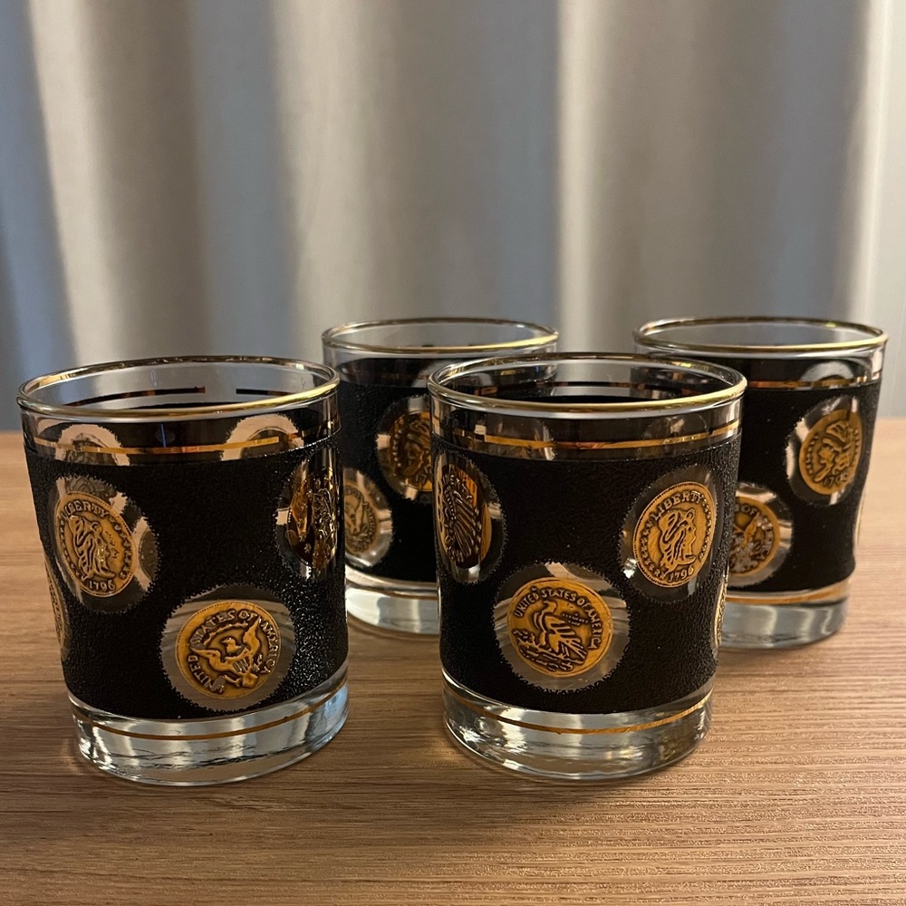 COPY - COPY - Set 4 Hollywood Regency MCM Libbey Lowball Whiskey Glasses Gold C…